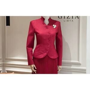 Gizia Classic Bordeaux Red Mandarin Collar Asymmetric Blazer Jacket Size 36 NWT